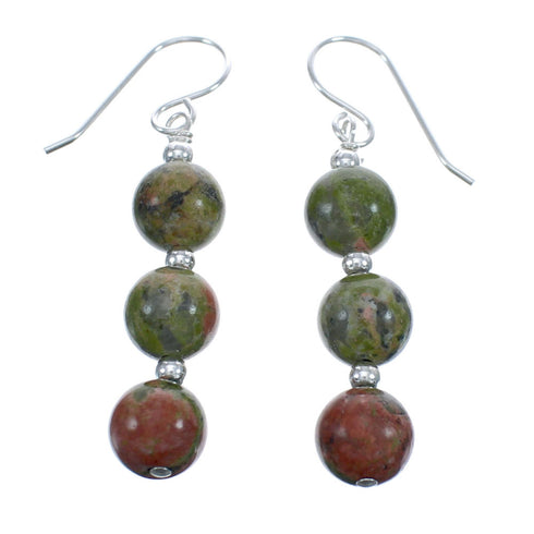 Unakite Sterling Silver Bead Hook Dangle Earrings JX123432